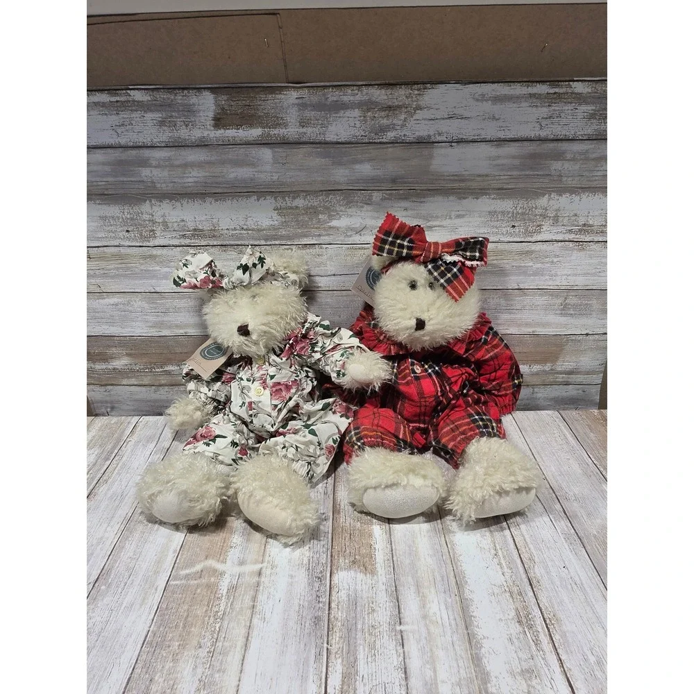 2- Boyds Bears Ophelia Plush Set Red Plaid Floral Rompers Investment 16 Inch